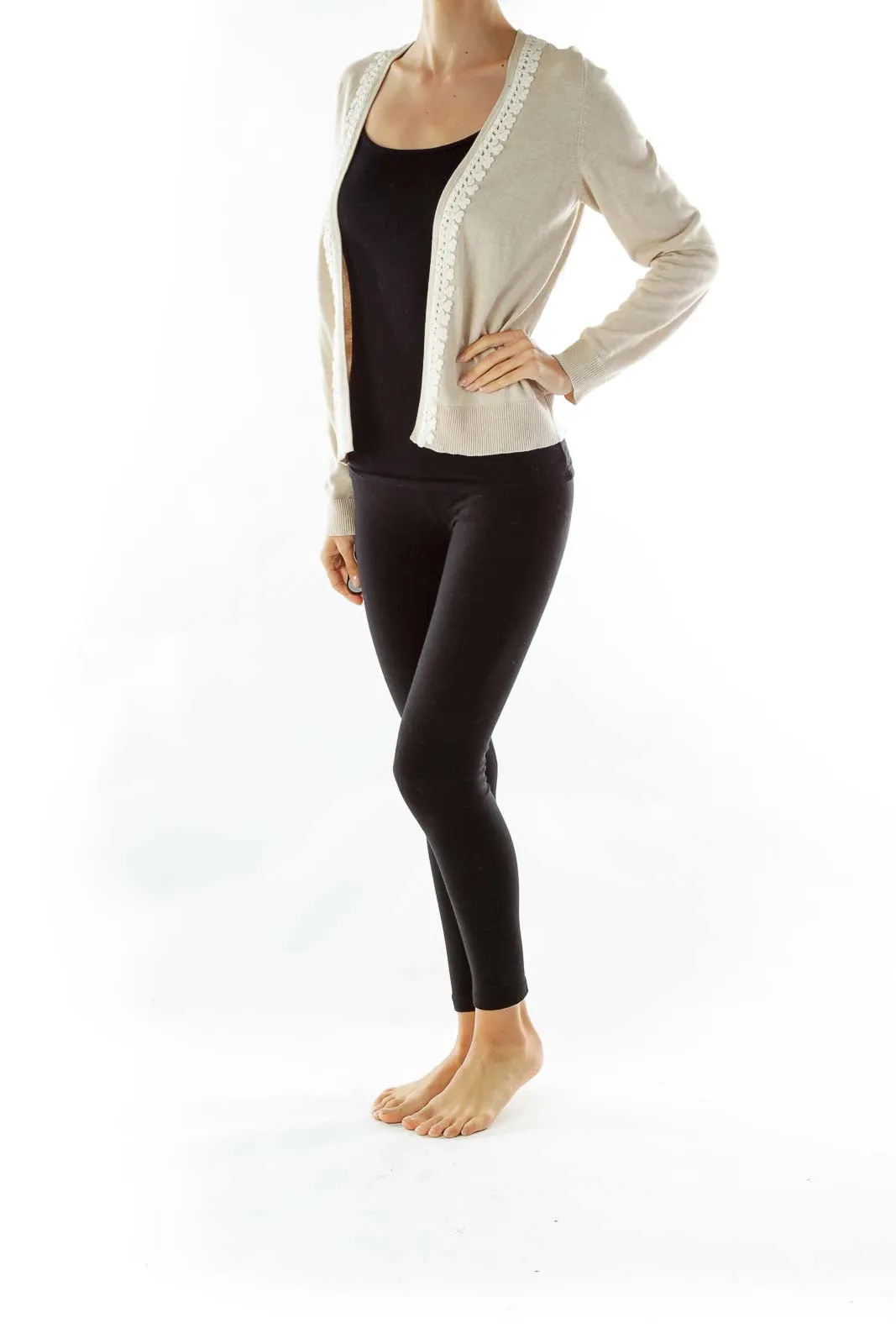 Beige White Embroidered Cardigan