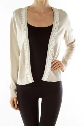 Beige White Embroidered Cardigan