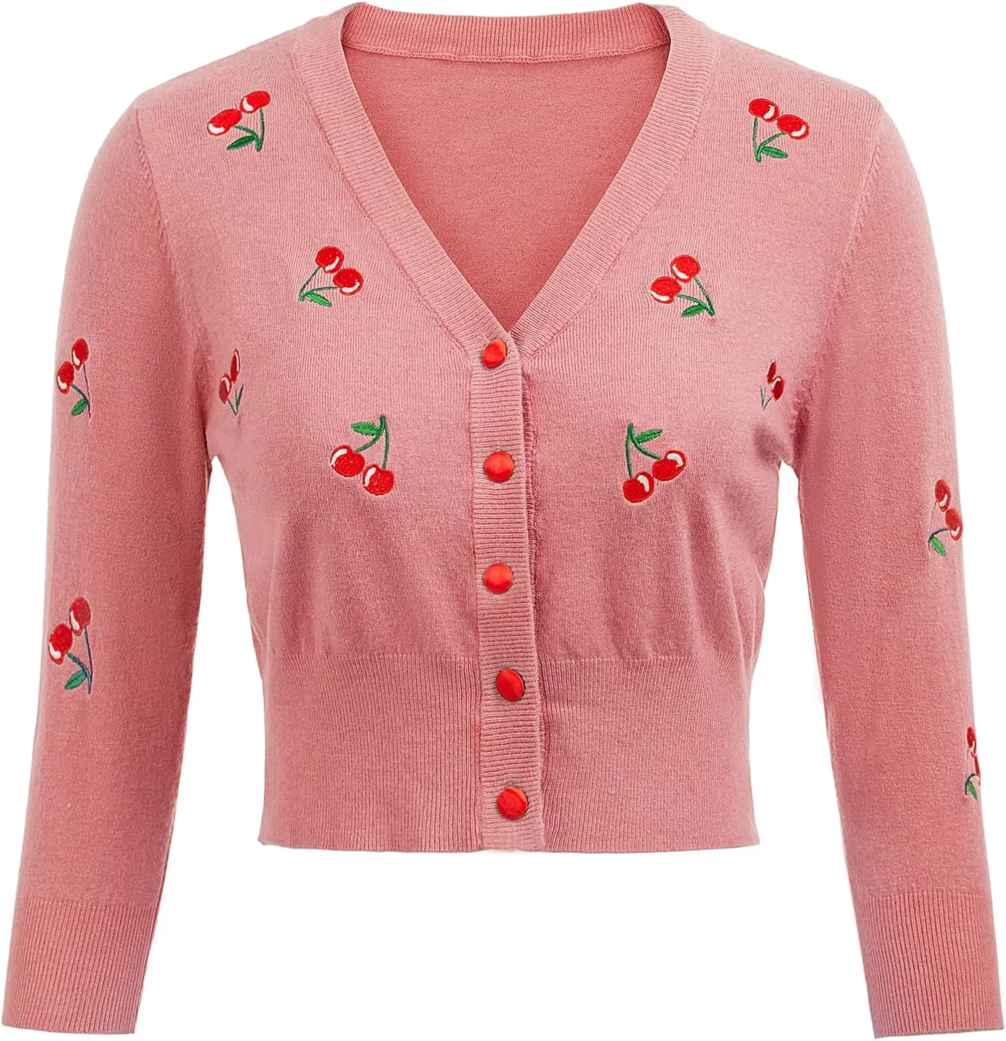 Belle Poque Women's 3/4 Sleeve V-Neck Button Down Cherries Embroidery Cropped Cardigan Sweater Coat