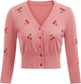 Belle Poque Women's 3/4 Sleeve V-Neck Button Down Cherries Embroidery Cropped Cardigan Sweater Coat