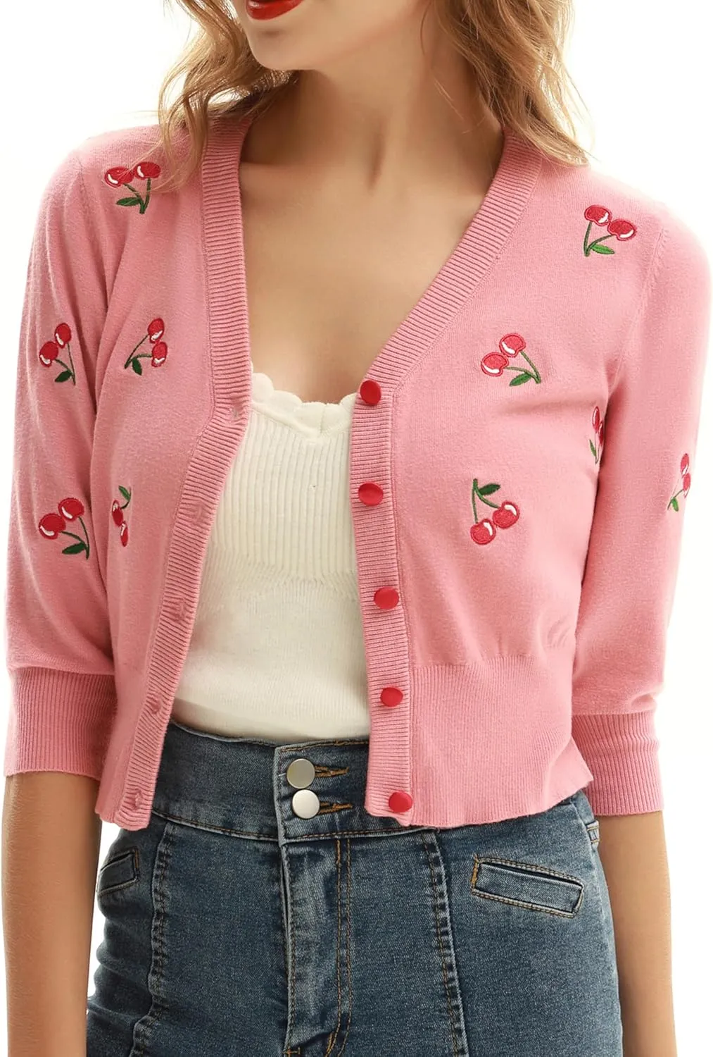 Belle Poque Women's 3/4 Sleeve V-Neck Button Down Cherries Embroidery Cropped Cardigan Sweater Coat