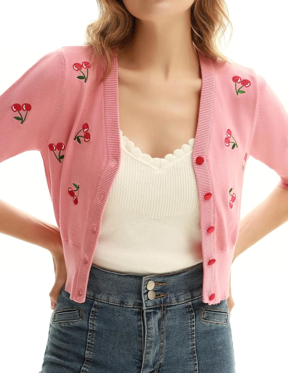 Belle Poque Women's 3/4 Sleeve V-Neck Button Down Cherries Embroidery Cropped Cardigan Sweater Coat