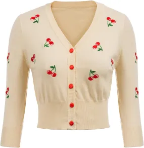 Belle Poque Women's 3/4 Sleeve V-Neck Button Down Cherries Embroidery Cropped Cardigan Sweater Coat