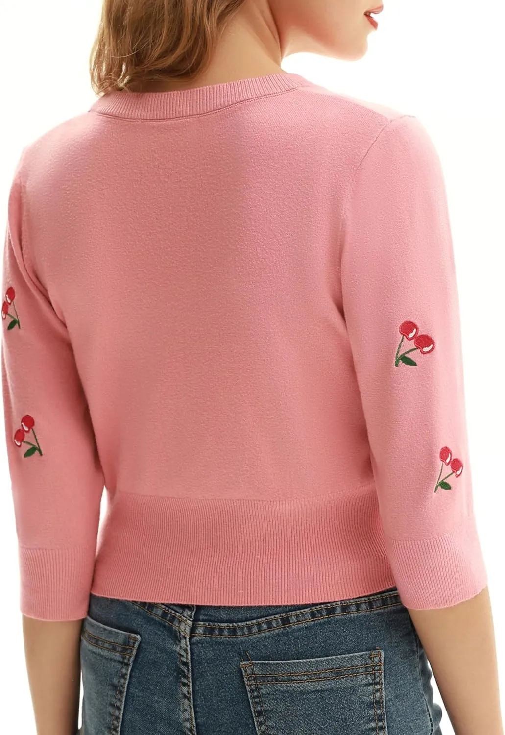 Belle Poque Women's 3/4 Sleeve V-Neck Button Down Cherries Embroidery Cropped Cardigan Sweater Coat