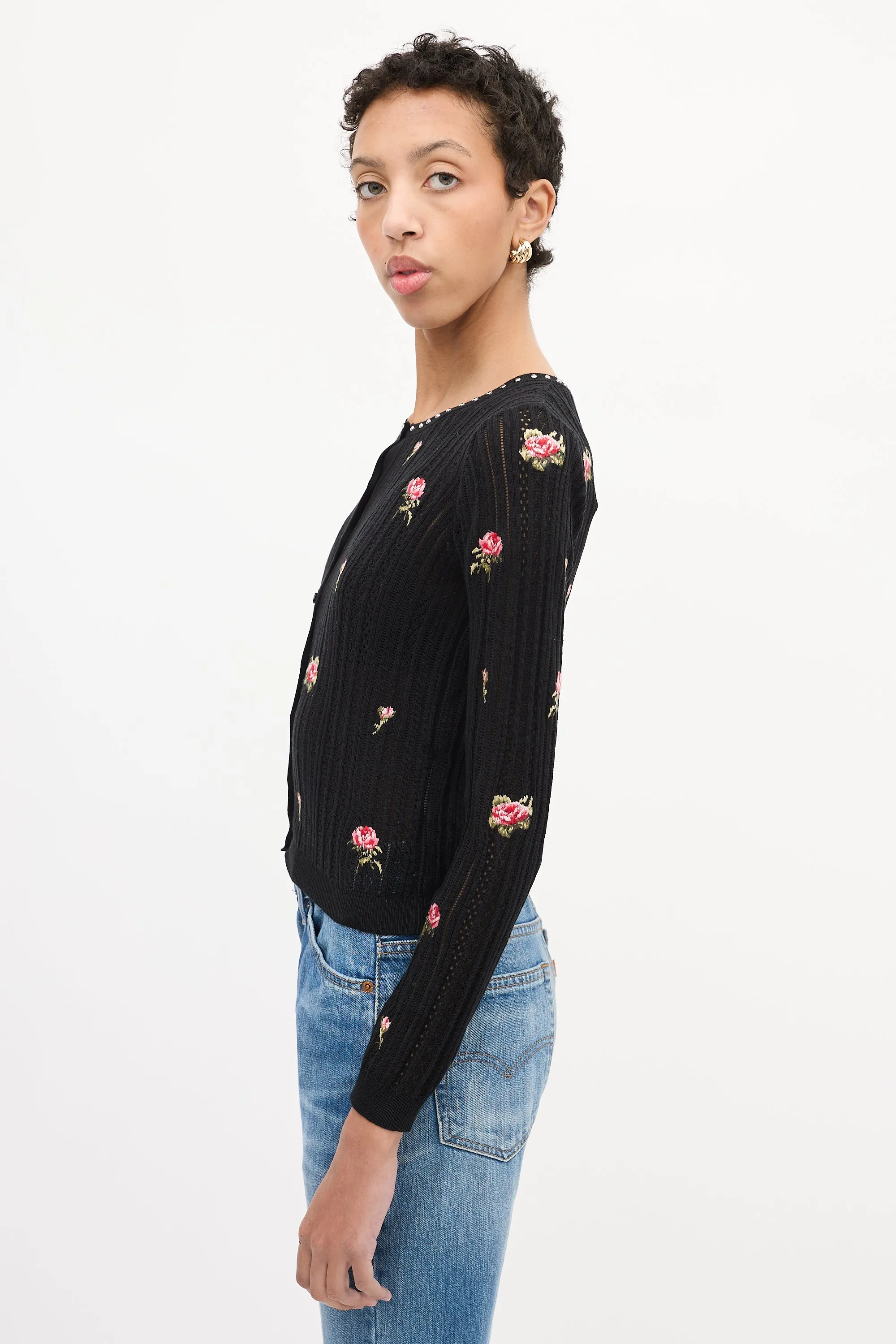 Black & Multi Floral Embroidered Cardigan