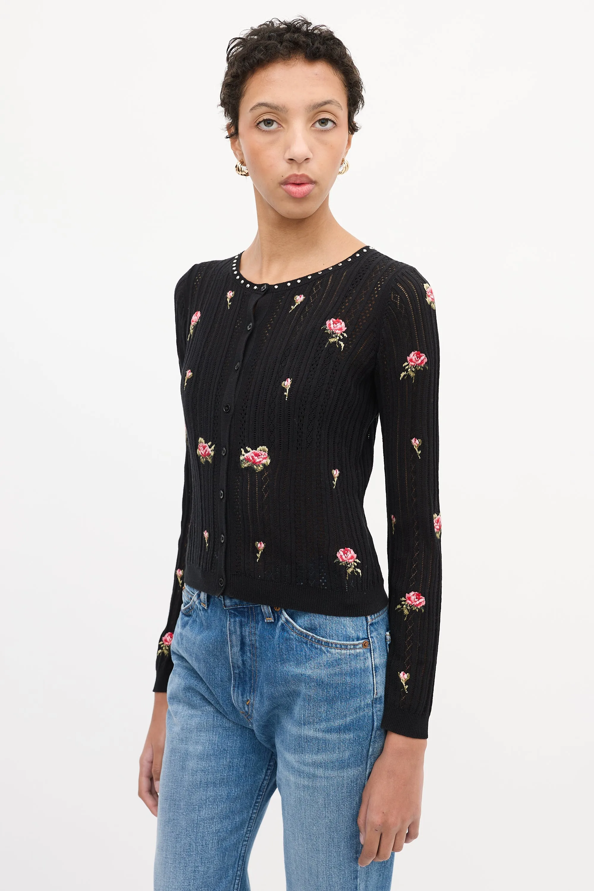 Black & Multi Floral Embroidered Cardigan