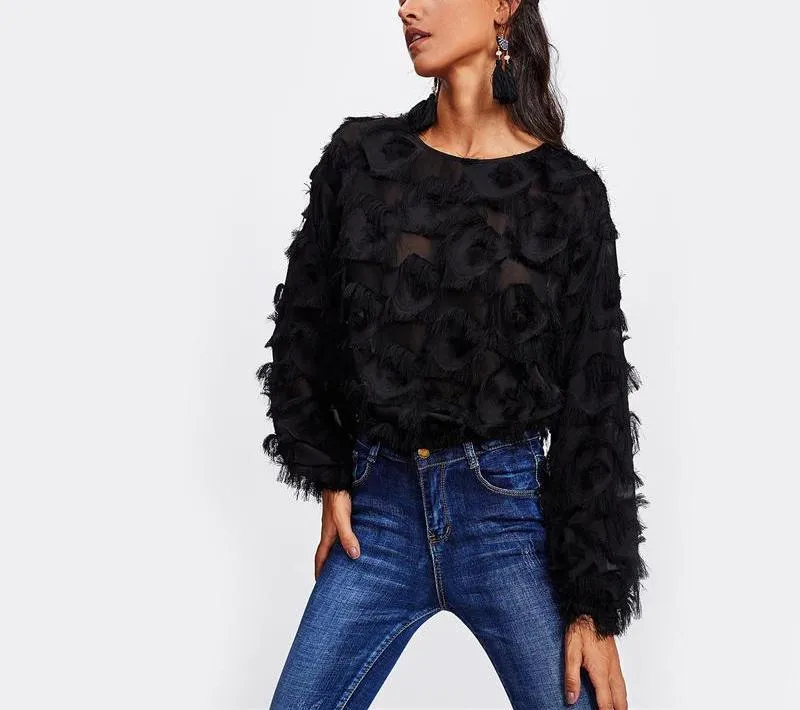 Blue Fringe Mesh Blouse