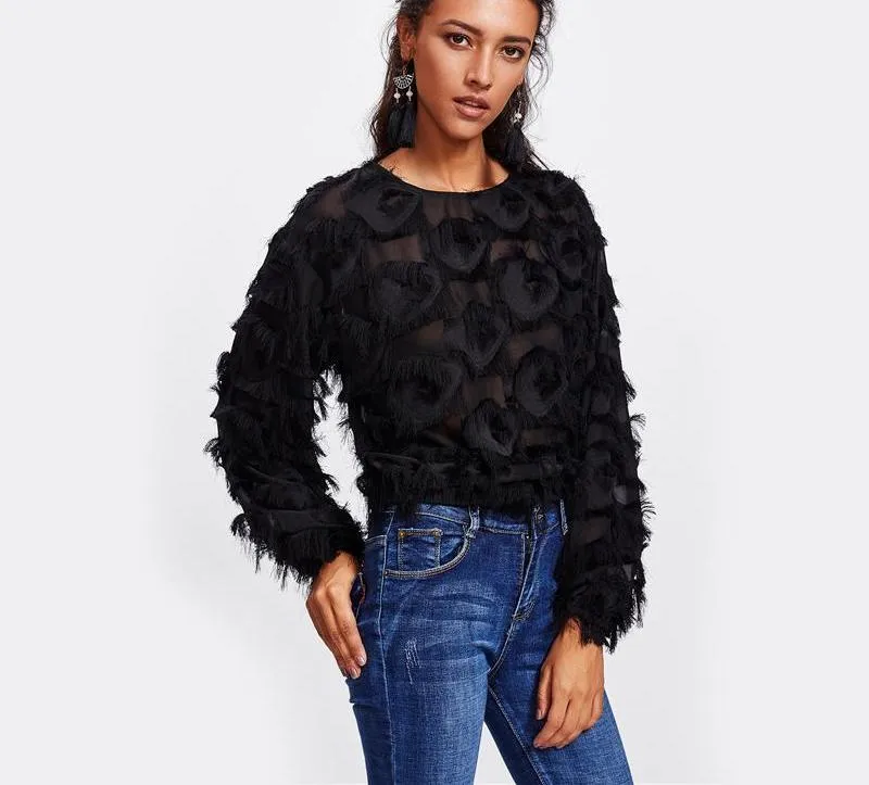 Blue Fringe Mesh Blouse