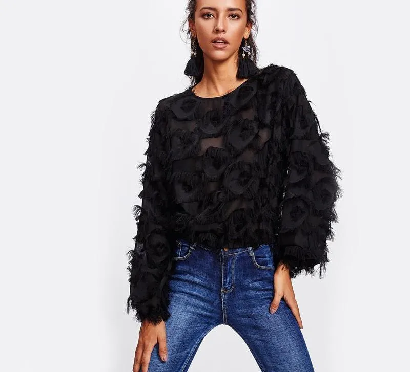 Blue Fringe Mesh Blouse