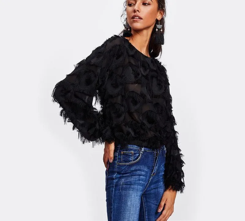 Blue Fringe Mesh Blouse