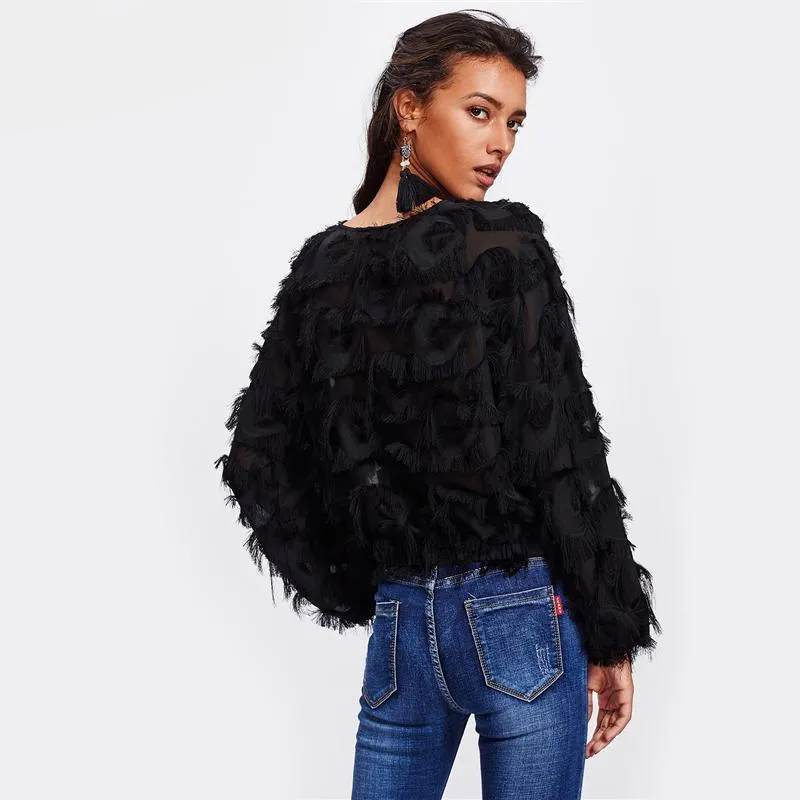 Blue Fringe Mesh Blouse