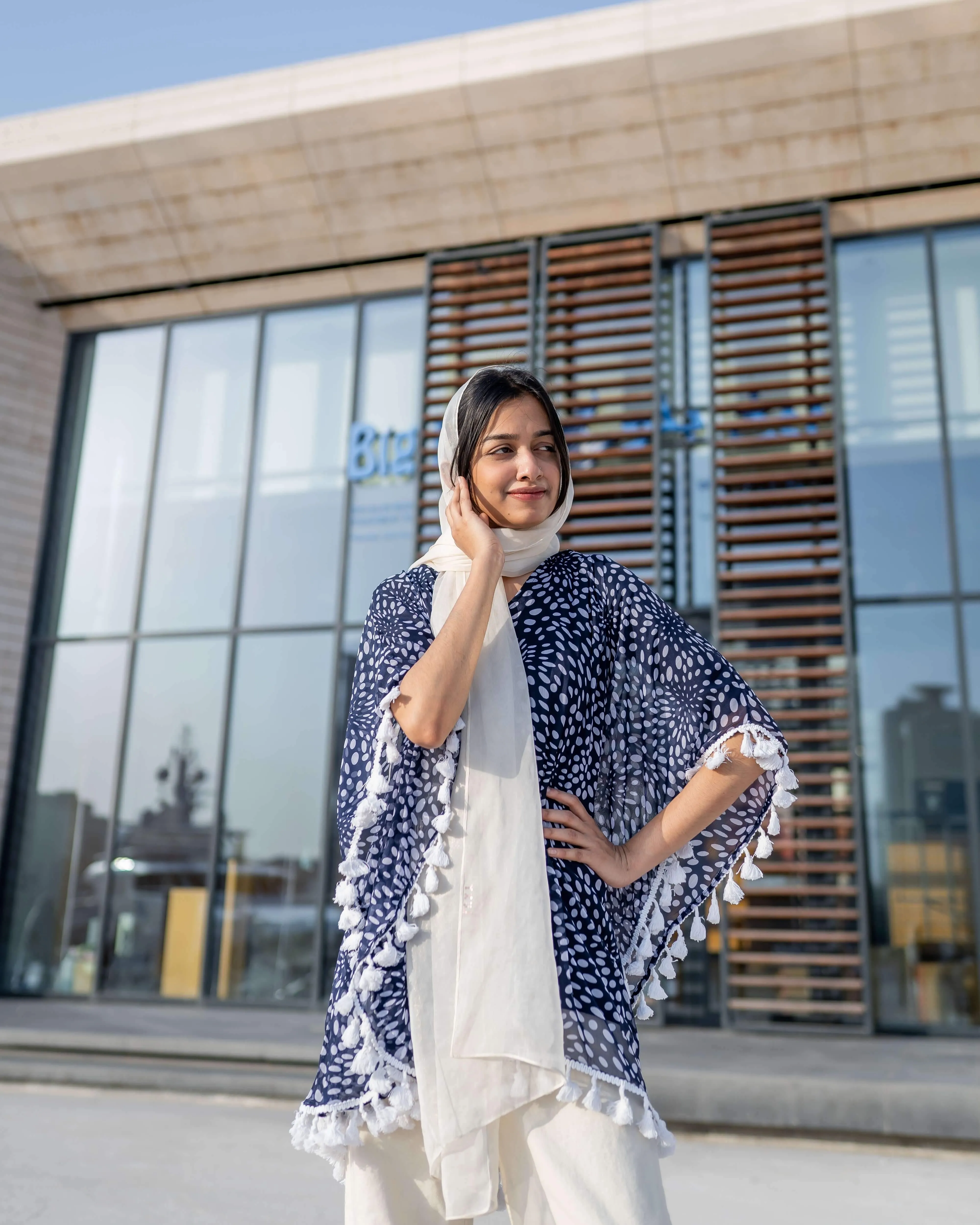 Blue Polka Dot Kaftan Top With Lace Detailing (GBF7011)
