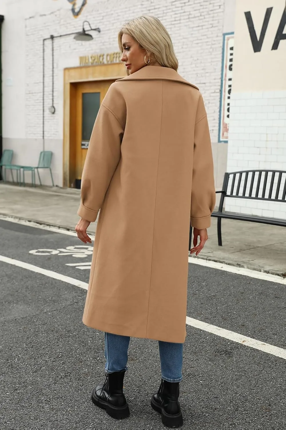 BZB Women's Long Coat Notched Lapel Collar Double Breasted Pea Coat Winter Elegant Wool Blend Over Coats Jackets