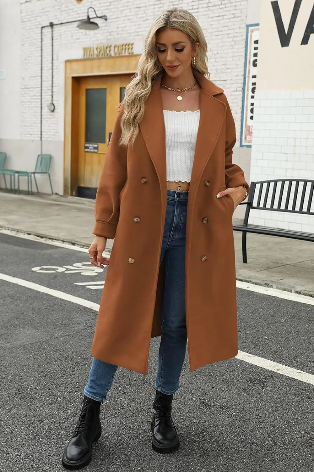 BZB Women's Long Coat Notched Lapel Collar Double Breasted Pea Coat Winter Elegant Wool Blend Over Coats Jackets