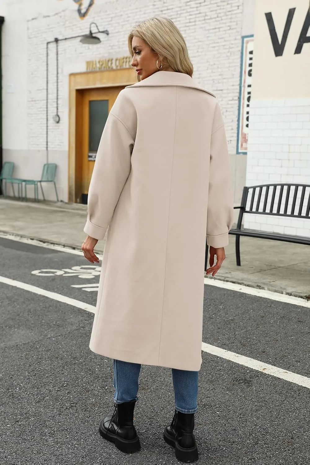 BZB Women's Long Coat Notched Lapel Collar Double Breasted Pea Coat Winter Elegant Wool Blend Over Coats Jackets