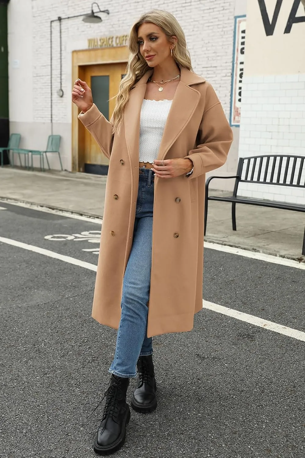 BZB Women's Long Coat Notched Lapel Collar Double Breasted Pea Coat Winter Elegant Wool Blend Over Coats Jackets