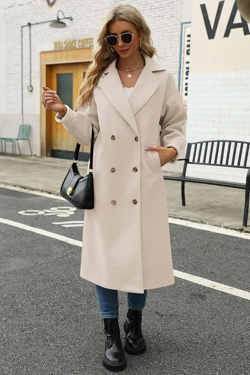 BZB Women's Long Coat Notched Lapel Collar Double Breasted Pea Coat Winter Elegant Wool Blend Over Coats Jackets