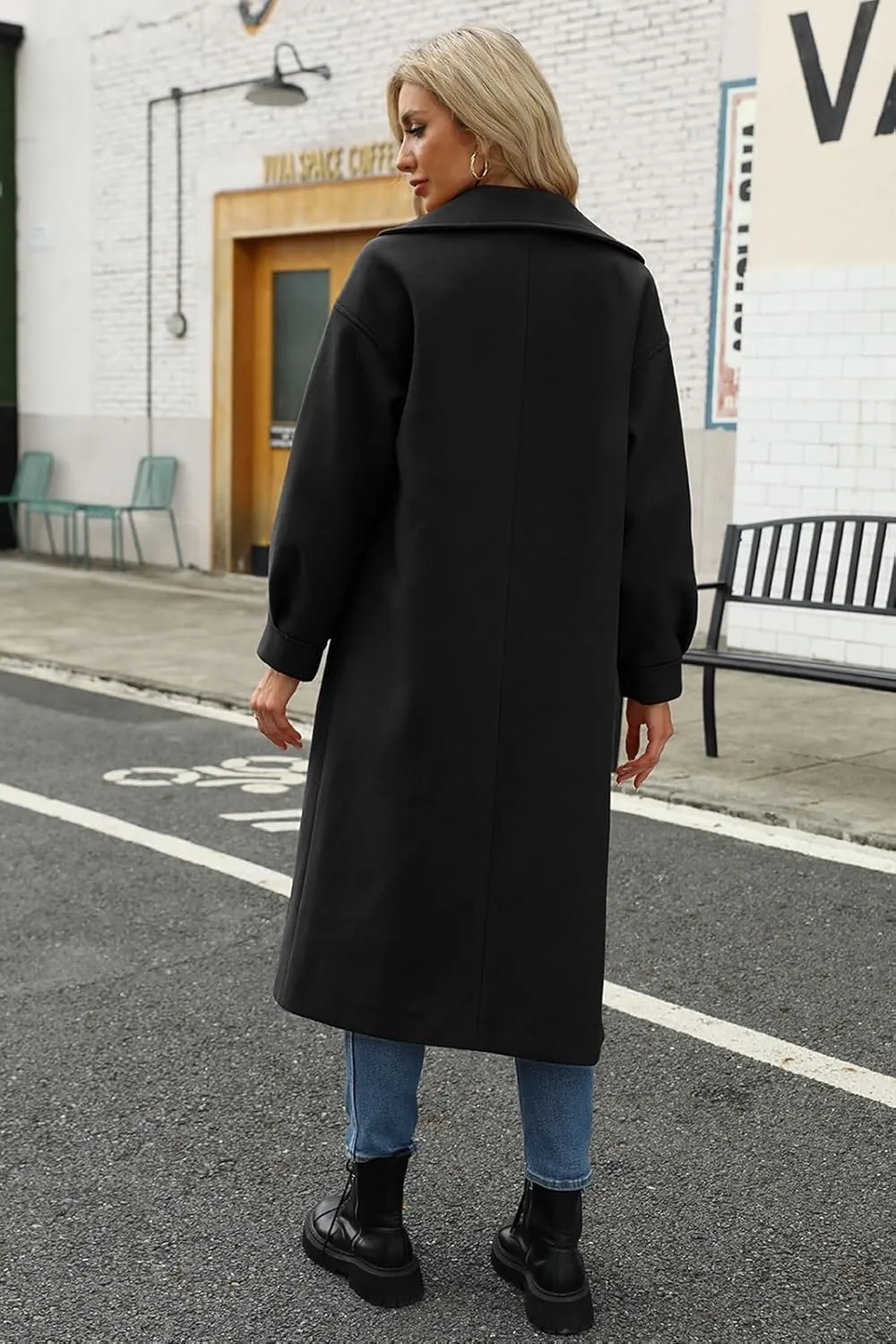BZB Women's Long Coat Notched Lapel Collar Double Breasted Pea Coat Winter Elegant Wool Blend Over Coats Jackets