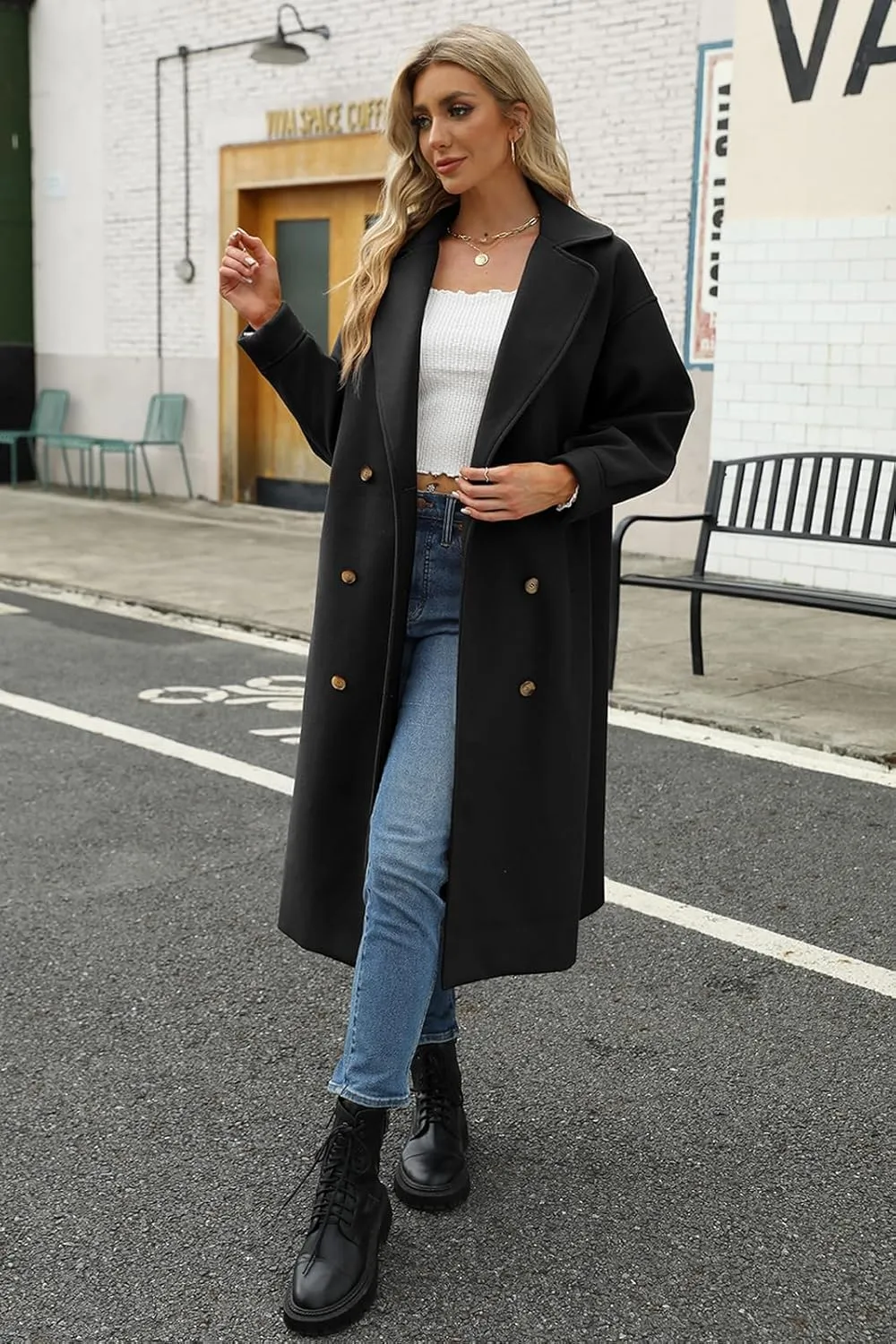 BZB Women's Long Coat Notched Lapel Collar Double Breasted Pea Coat Winter Elegant Wool Blend Over Coats Jackets