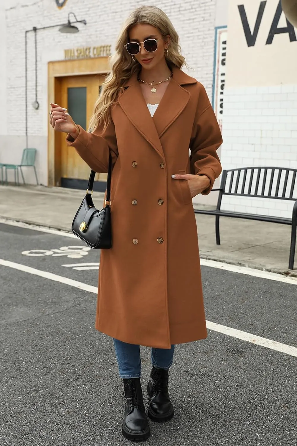 BZB Women's Long Coat Notched Lapel Collar Double Breasted Pea Coat Winter Elegant Wool Blend Over Coats Jackets
