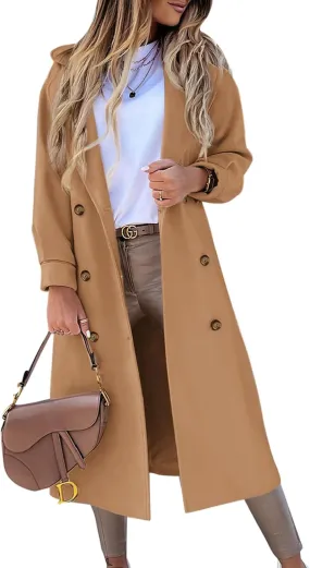 BZB Women's Long Coat Notched Lapel Collar Double Breasted Pea Coat Winter Elegant Wool Blend Over Coats Jackets
