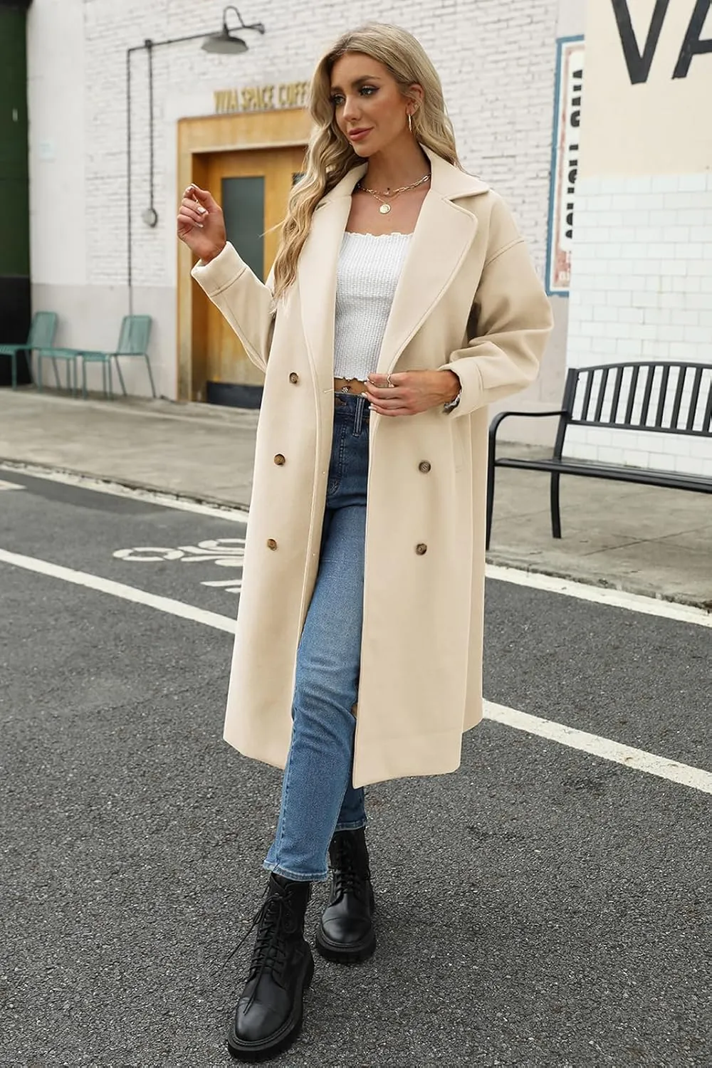 BZB Women's Long Coat Notched Lapel Collar Double Breasted Pea Coat Winter Elegant Wool Blend Over Coats Jackets