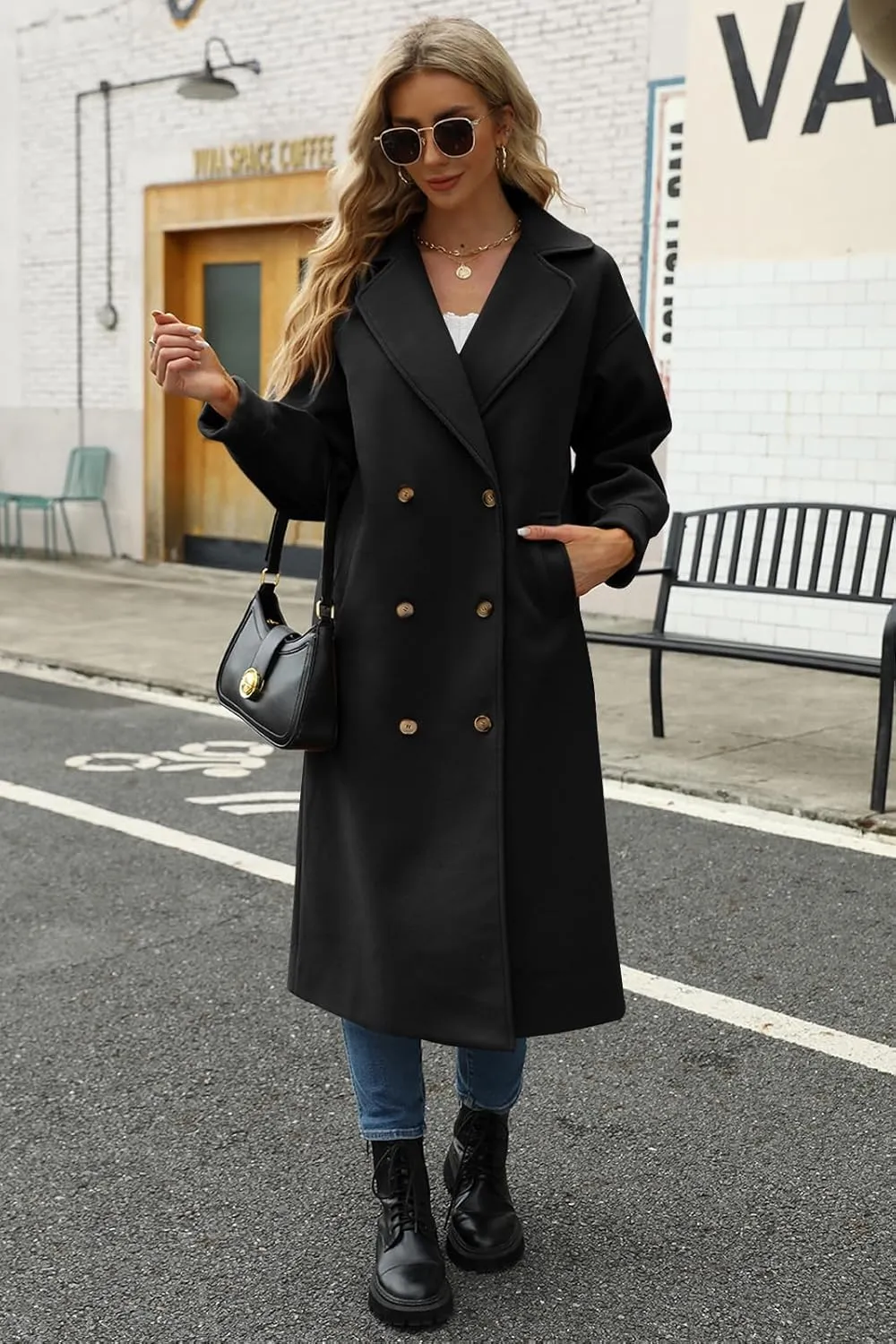 BZB Women's Long Coat Notched Lapel Collar Double Breasted Pea Coat Winter Elegant Wool Blend Over Coats Jackets