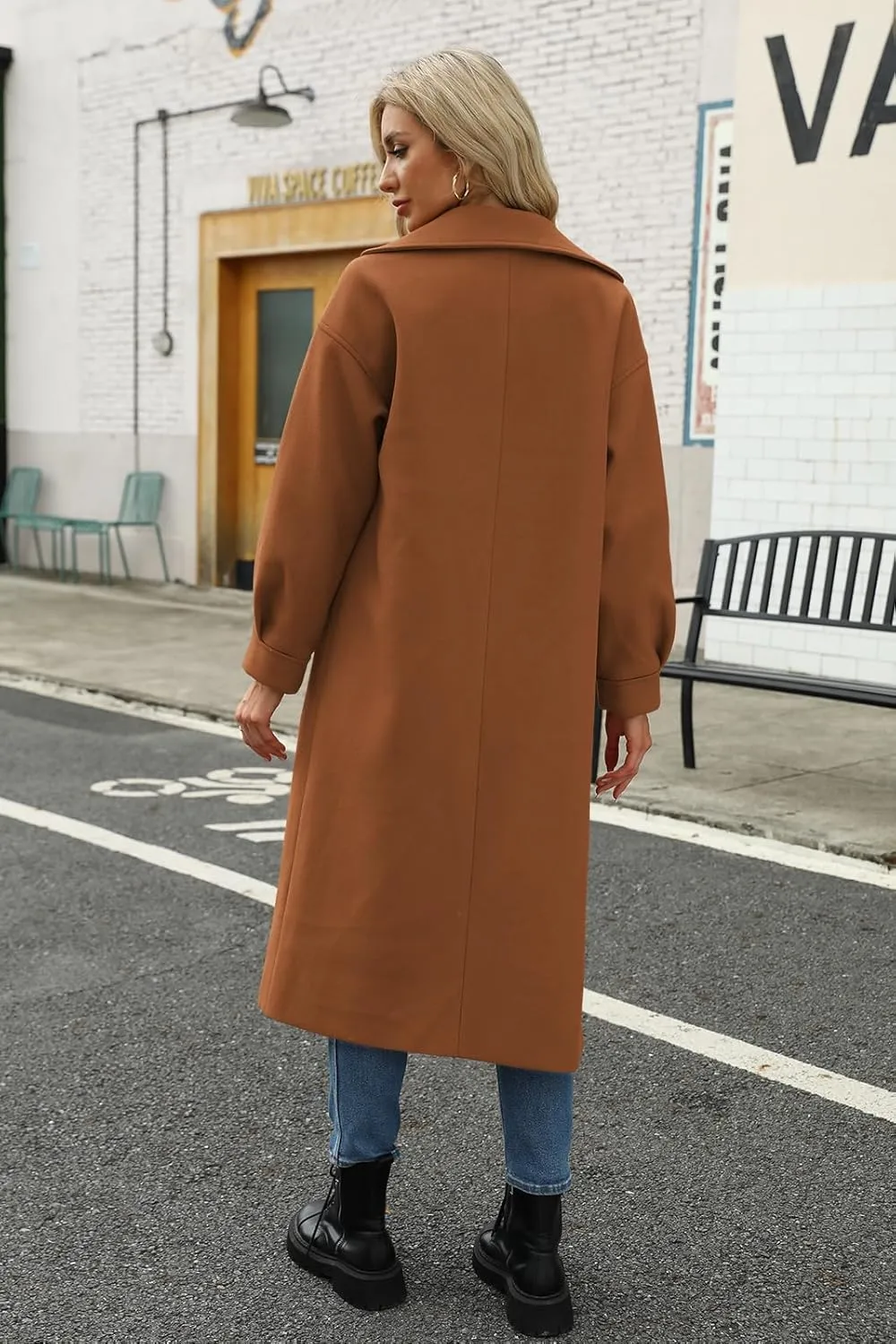 BZB Women's Long Coat Notched Lapel Collar Double Breasted Pea Coat Winter Elegant Wool Blend Over Coats Jackets