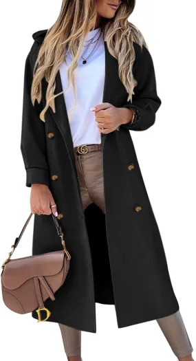 BZB Women's Long Coat Notched Lapel Collar Double Breasted Pea Coat Winter Elegant Wool Blend Over Coats Jackets