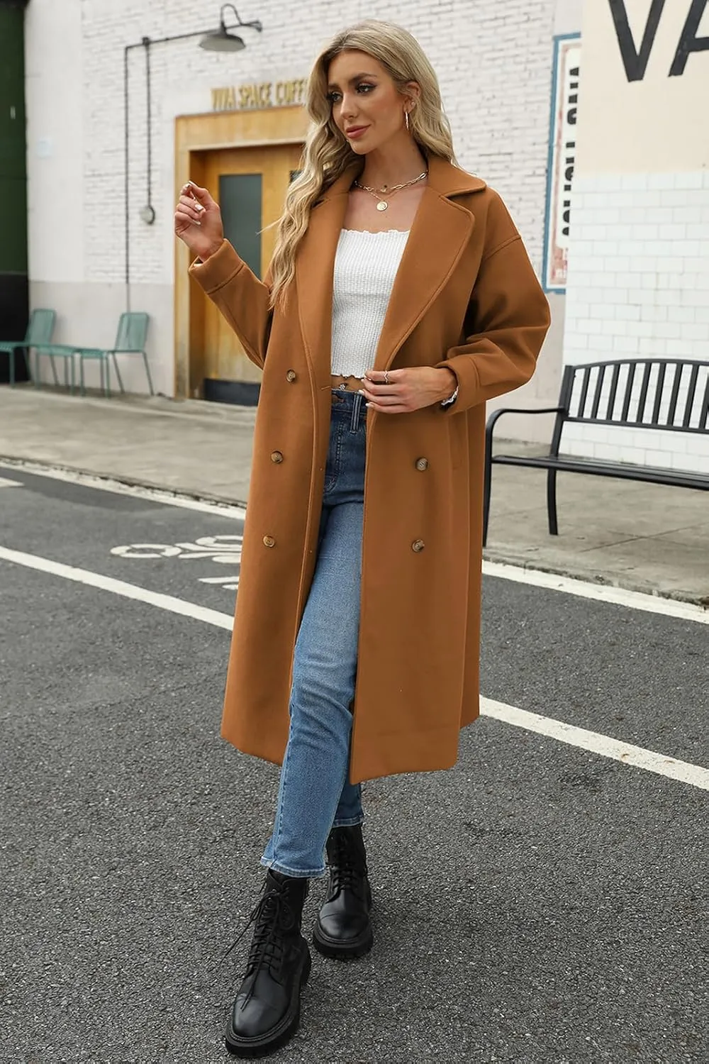 BZB Women's Long Coat Notched Lapel Collar Double Breasted Pea Coat Winter Elegant Wool Blend Over Coats Jackets
