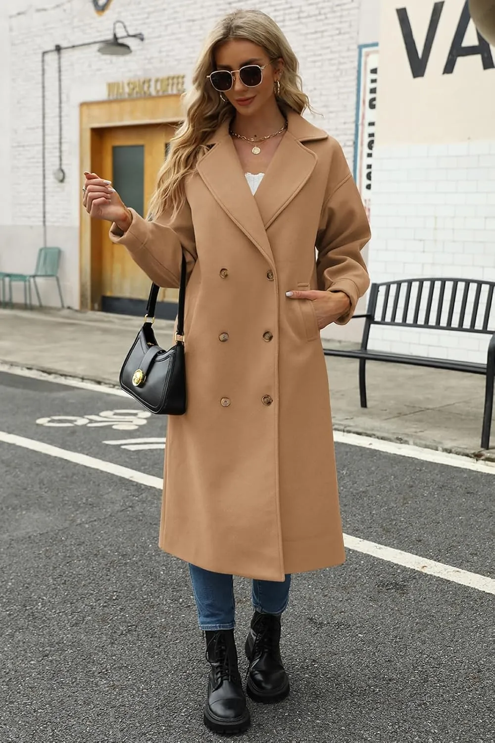 BZB Women's Long Coat Notched Lapel Collar Double Breasted Pea Coat Winter Elegant Wool Blend Over Coats Jackets