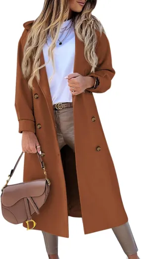 BZB Women's Long Coat Notched Lapel Collar Double Breasted Pea Coat Winter Elegant Wool Blend Over Coats Jackets