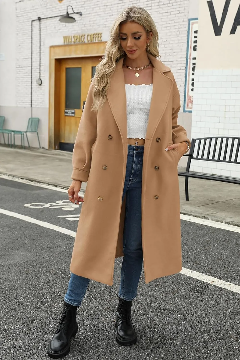 BZB Women's Long Coat Notched Lapel Collar Double Breasted Pea Coat Winter Elegant Wool Blend Over Coats Jackets