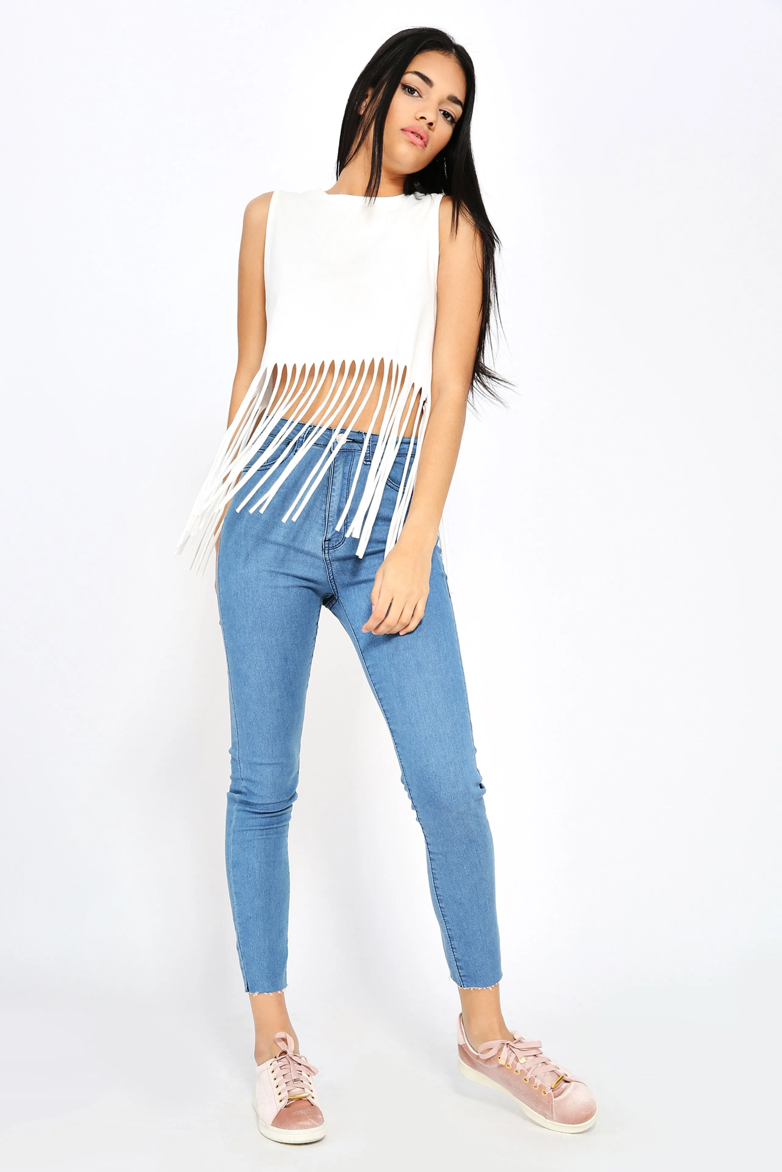 Cream Laser Cut Fringe Crop Top