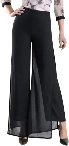 Double Plus Open Womens Chiffon High Waist Palazzo Dressy Pants Flare Elastic Waist Culottes Trousers Pant
