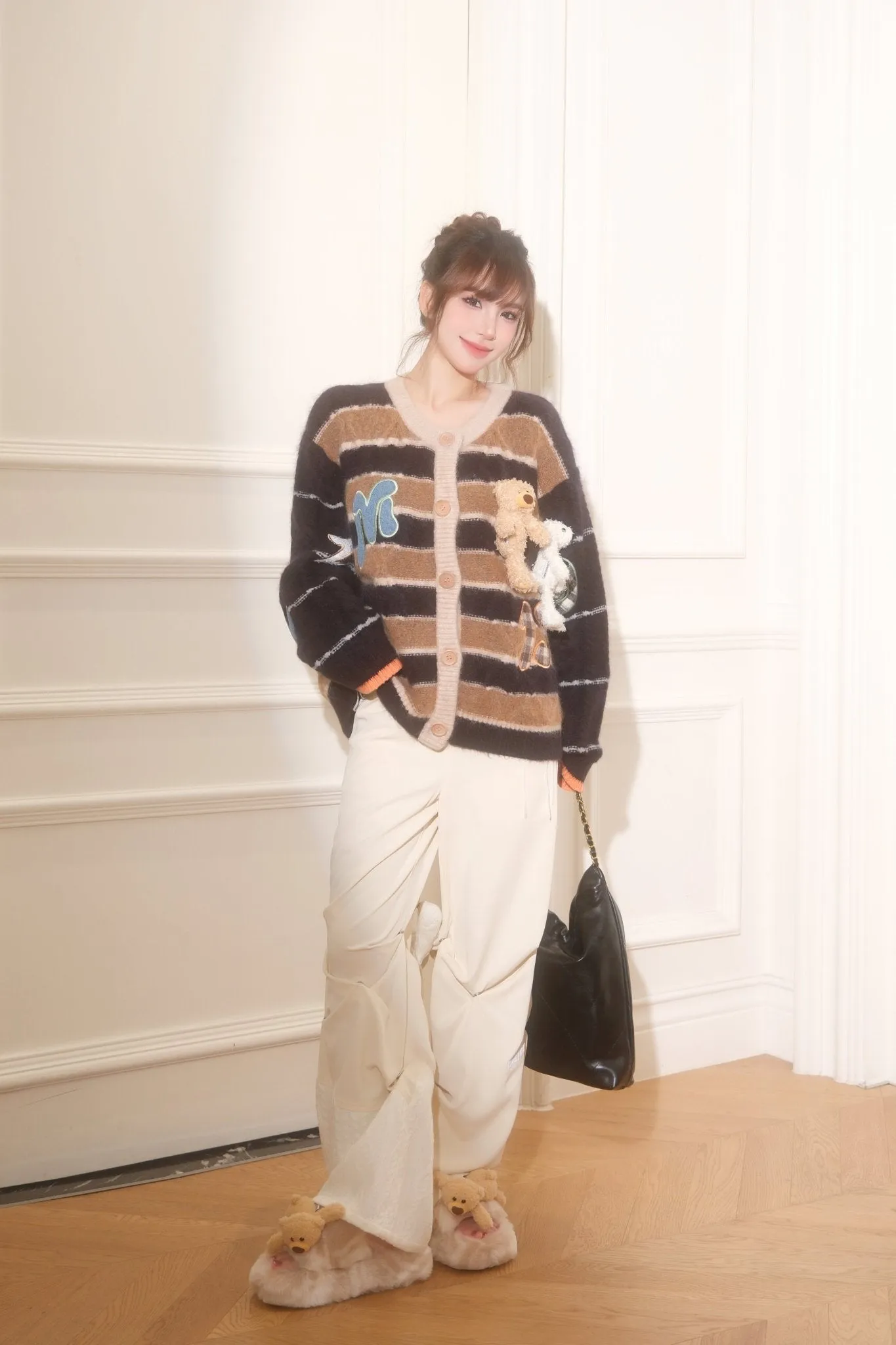 Embroidered Patches Cardigan in Black