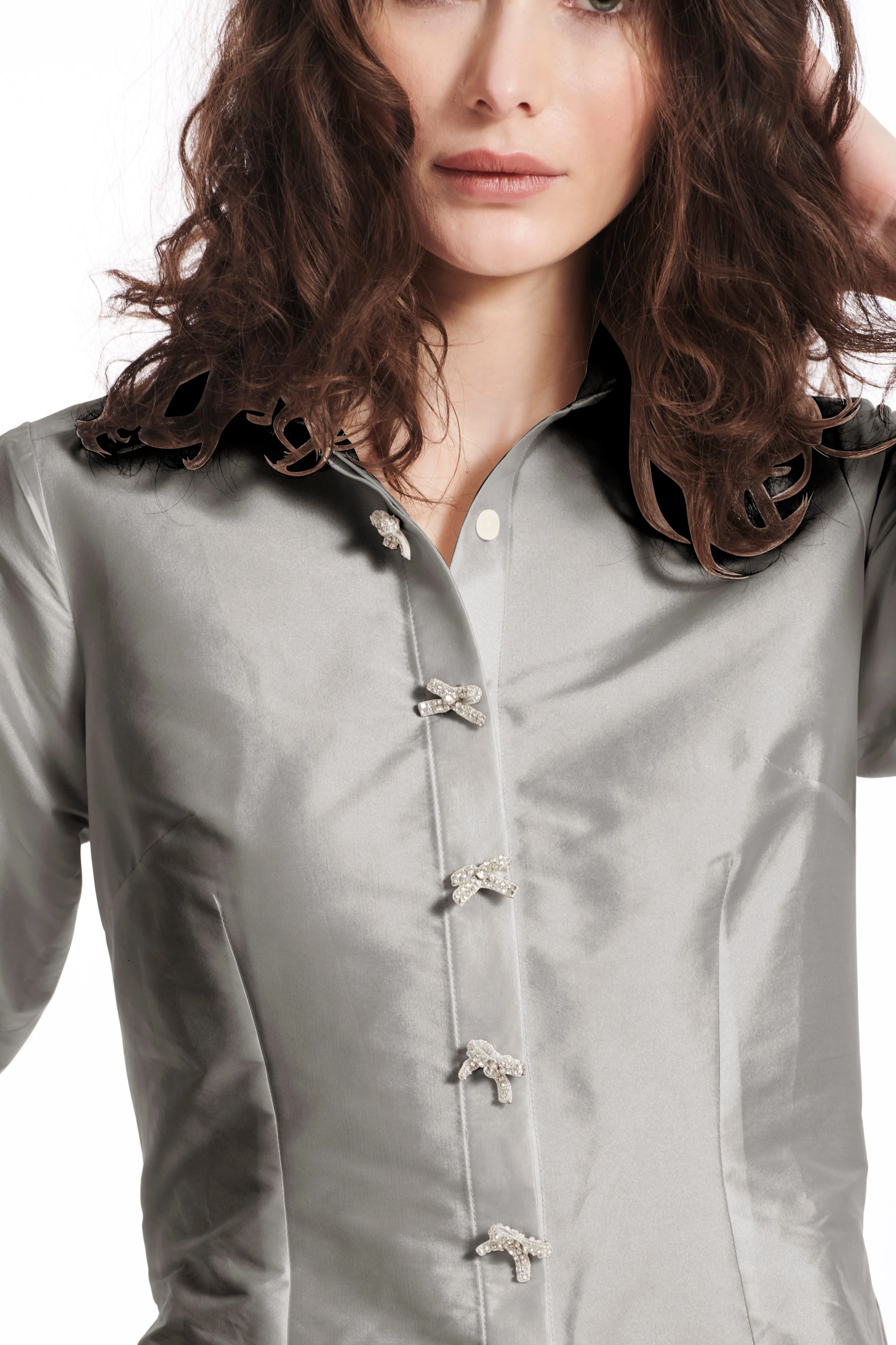 EMERALD TAFFETA BLOUSE WITH CRYSTAL BOW BUTTON