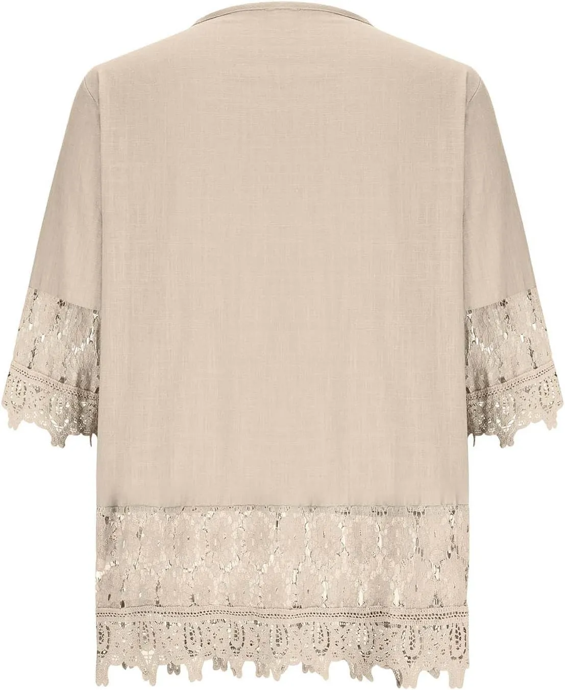 Gauze Linen Shirts for Women Summer Lace Boho Tops 3/4 Length Sleeve Beach Top Blouse Sexy V Neck Embroidered Tshirts