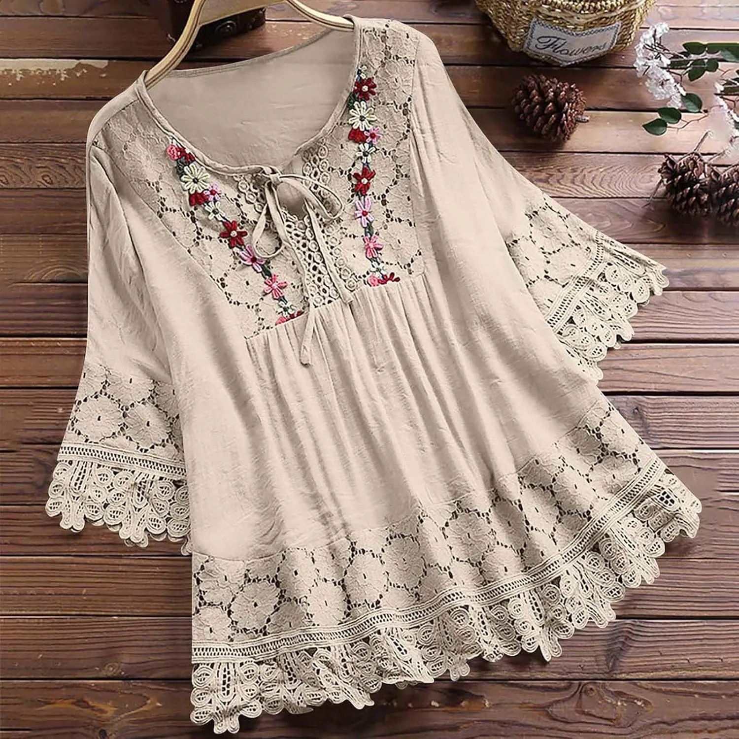 Gauze Linen Shirts for Women Summer Lace Boho Tops 3/4 Length Sleeve Beach Top Blouse Sexy V Neck Embroidered Tshirts