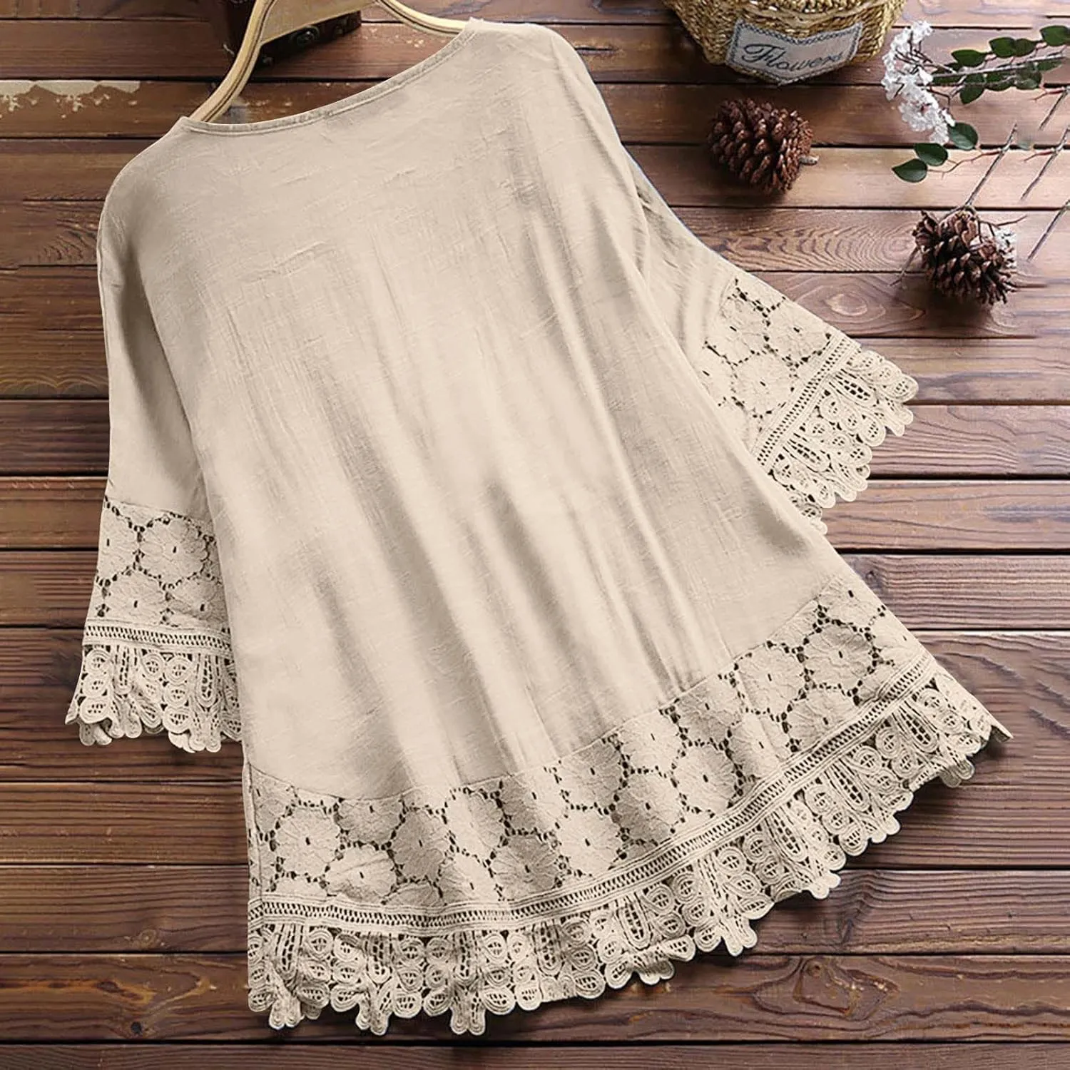 Gauze Linen Shirts for Women Summer Lace Boho Tops 3/4 Length Sleeve Beach Top Blouse Sexy V Neck Embroidered Tshirts