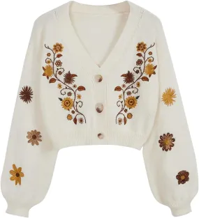 GORGLITTER Women's V Neck Floral Embroidered Cardigan Sweaters Lantern Sleeve Button Down Cropped Cardigan