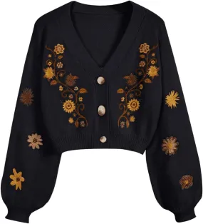 GORGLITTER Women's V Neck Floral Embroidered Cardigan Sweaters Lantern Sleeve Button Down Cropped Cardigan
