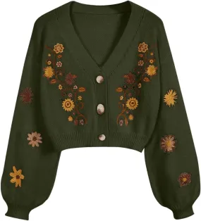 GORGLITTER Women's V Neck Floral Embroidered Cardigan Sweaters Lantern Sleeve Button Down Cropped Cardigan