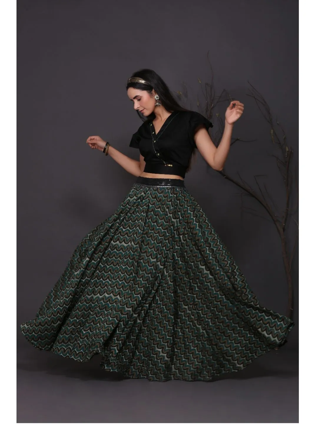 Green Printed Skirt With Black Tie-Top