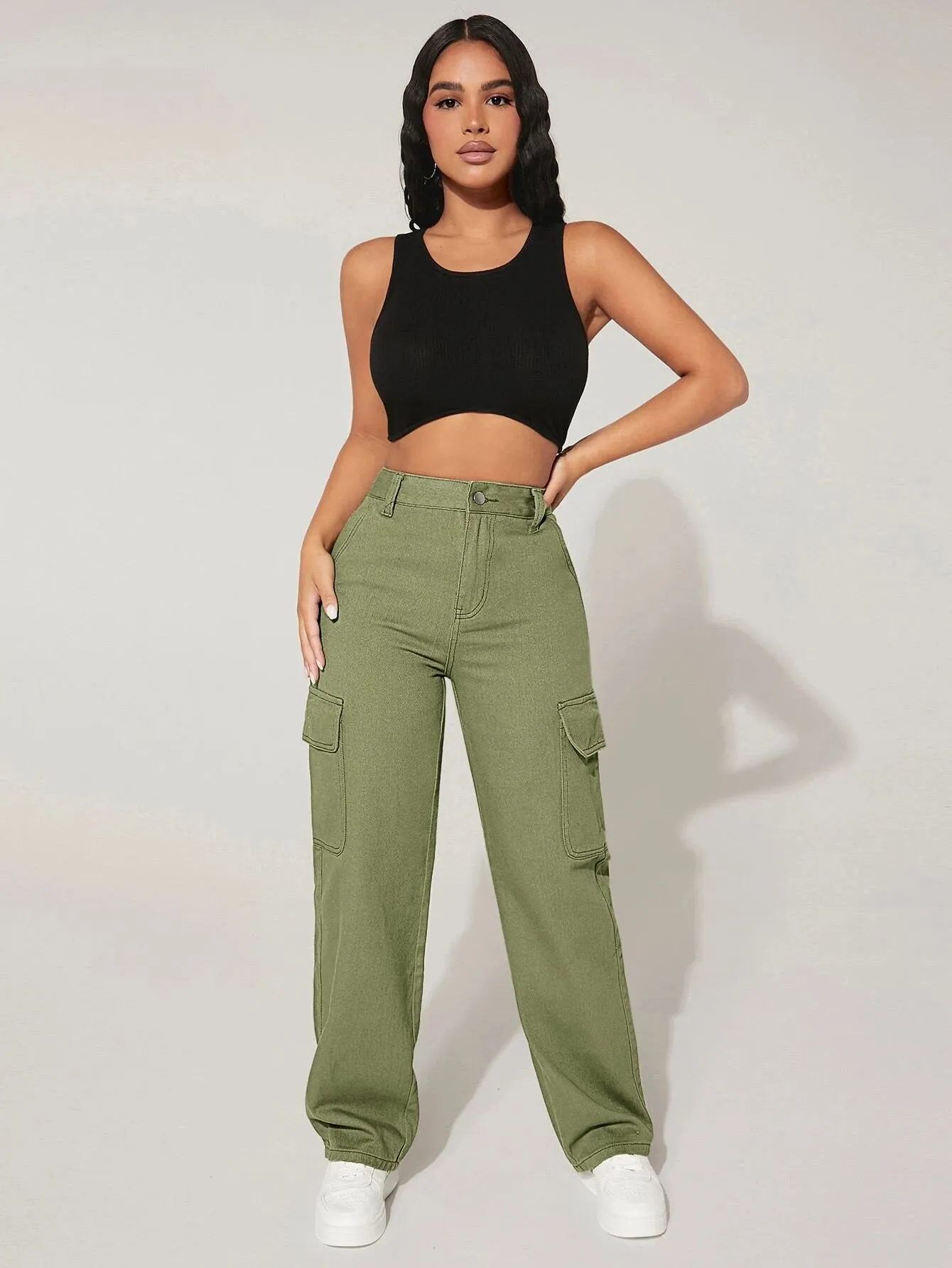 High Waist Denim Cargo Pants
