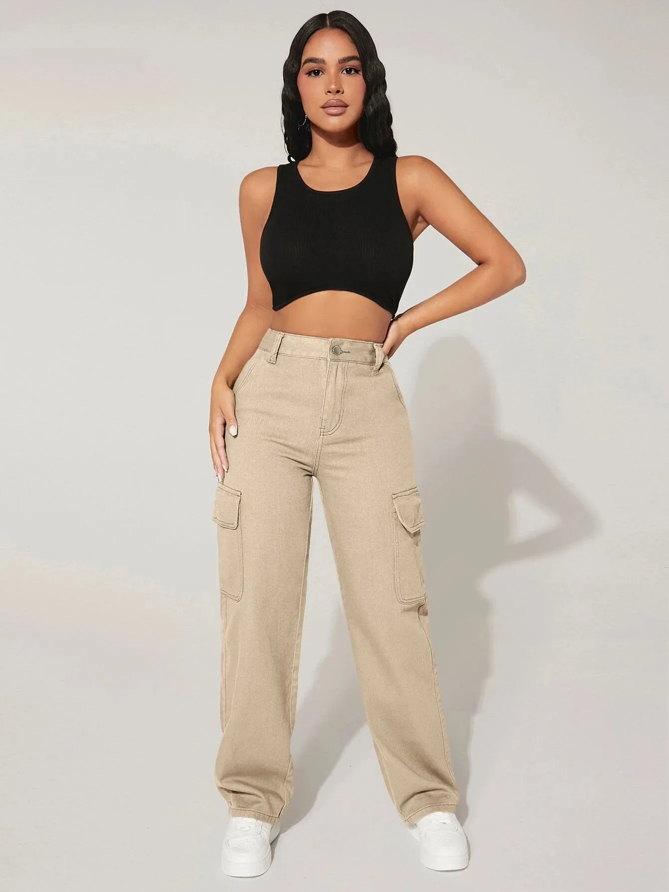 High Waist Denim Cargo Pants