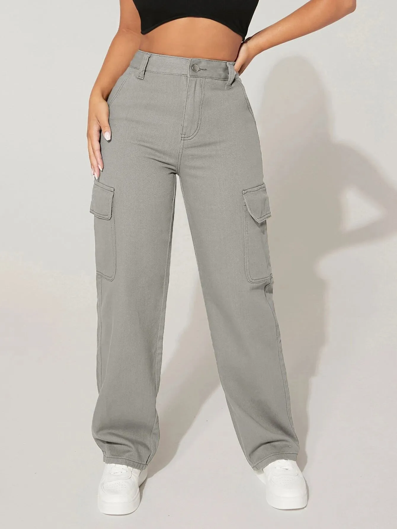 High Waist Denim Cargo Pants