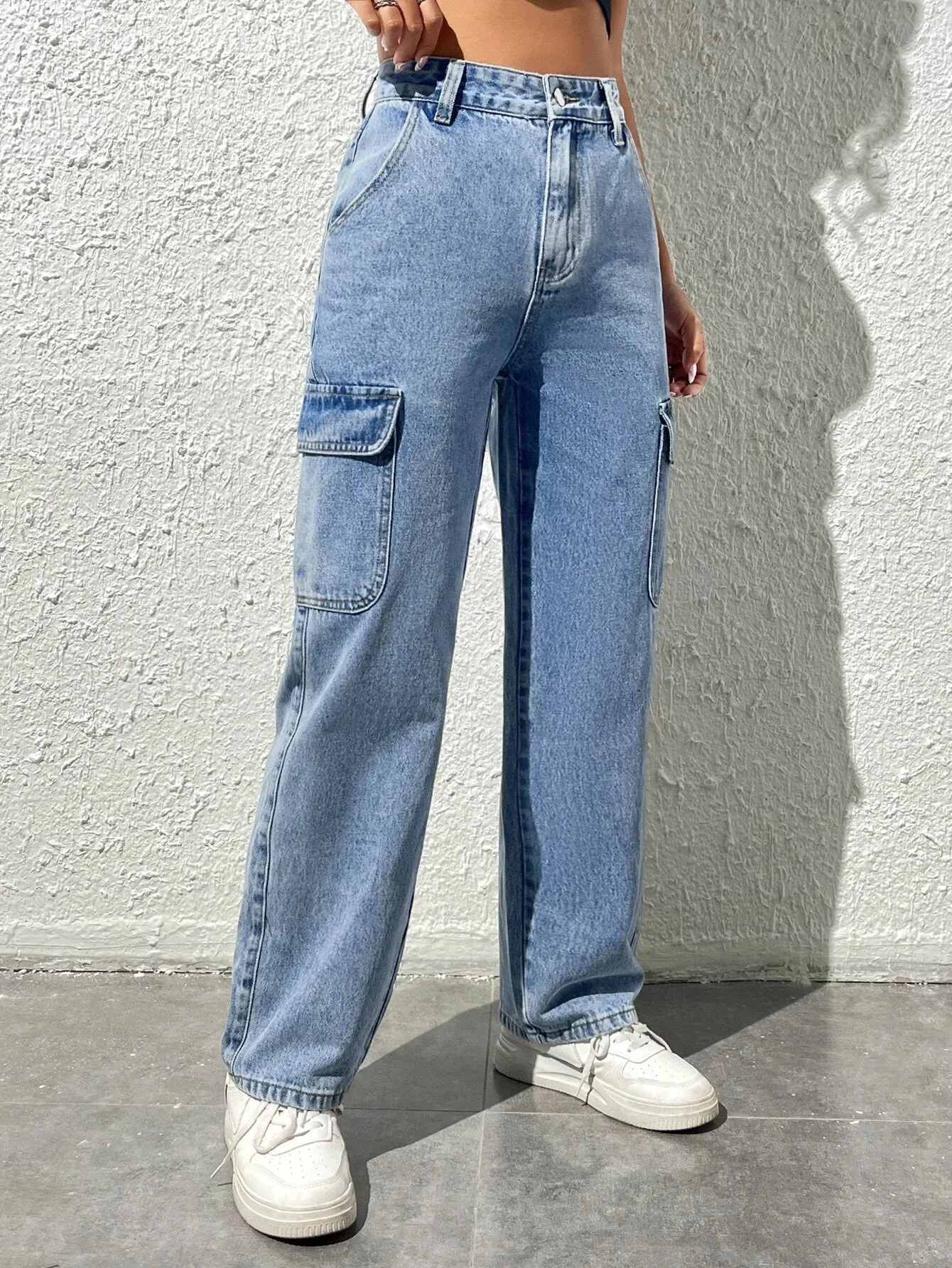 High Waist Denim Cargo Pants