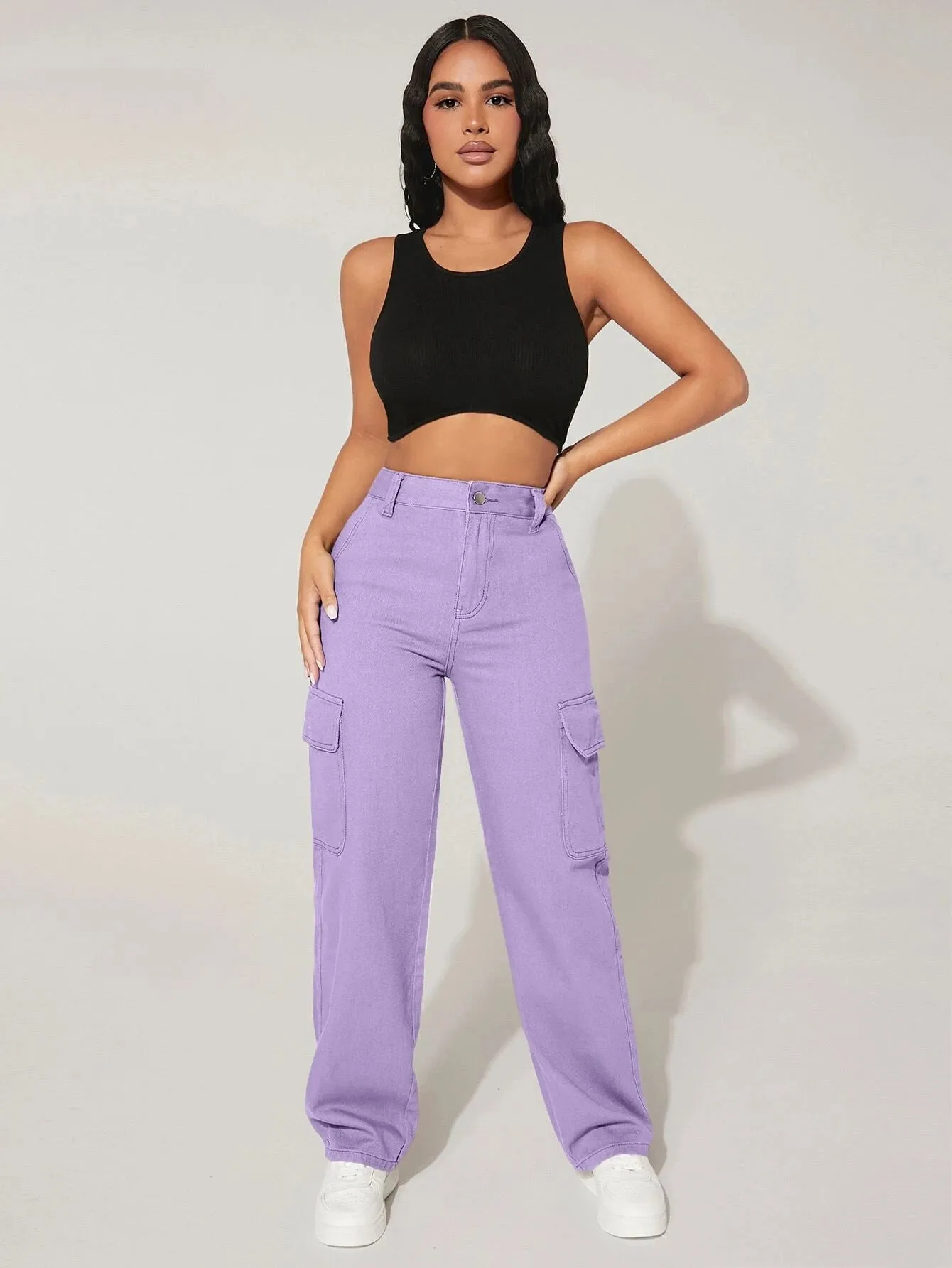 High Waist Denim Cargo Pants