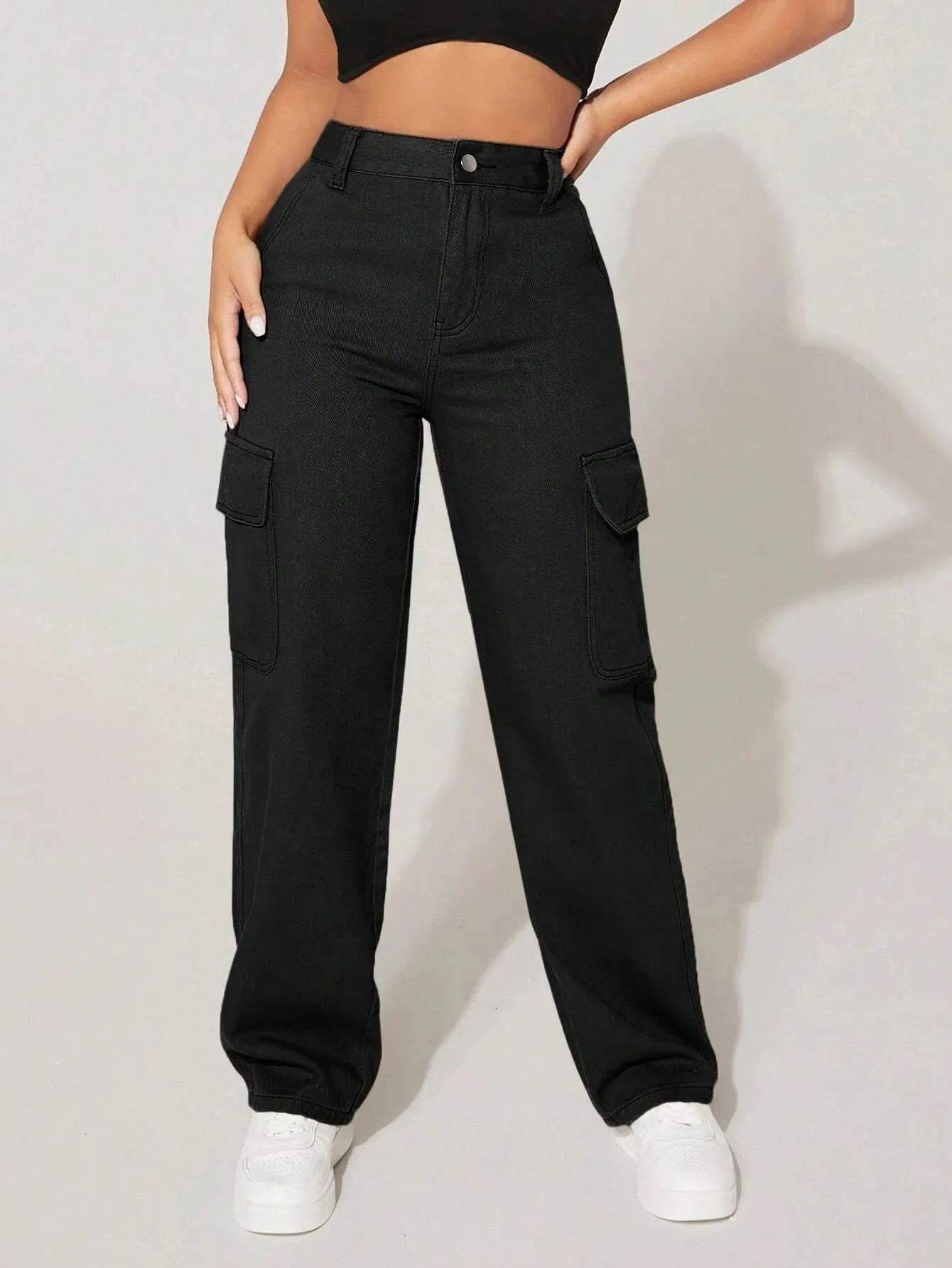 High Waist Denim Cargo Pants